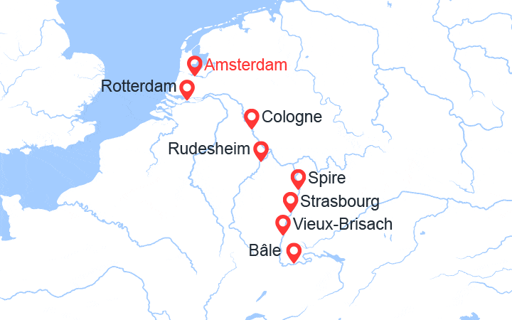 Carte itinéraire croisière Croisière sur le Rhin – Pays-Bas, Allemagne, France & Suisse