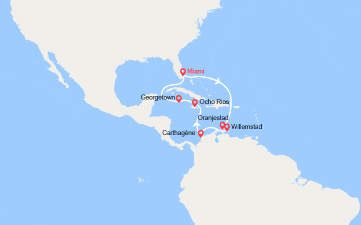 Carte itinéraire croisière Curaçao, Aruba, Colombie, Jamaïque, Iles Caïman