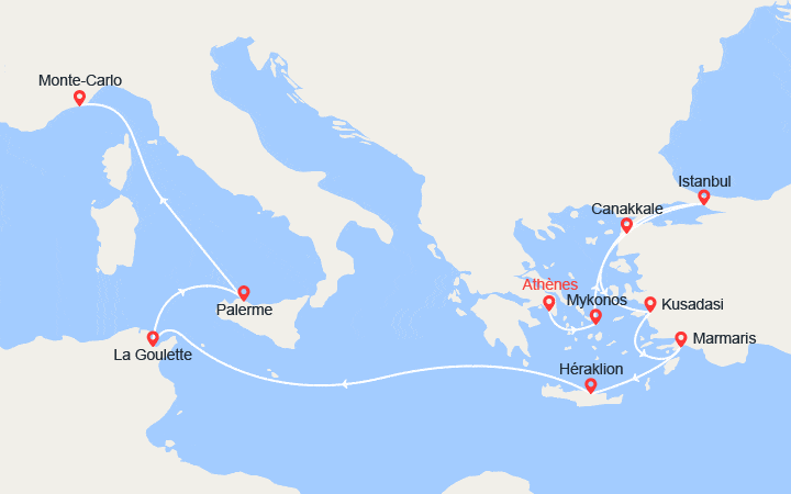 Carte itinéraire croisière D'Athènes à Monte-Carlo : Iles grecques, Turquie, Tunisie, Sicile