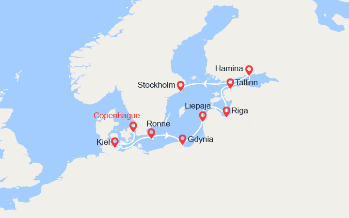 Carte itinéraire croisière Danemark, Allemagne, Pologne, Lettonie, Estonie
