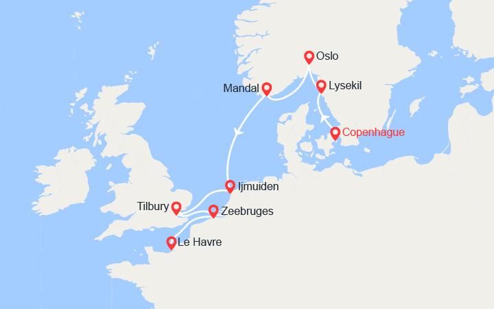 Carte itinéraire croisière Danemark, Norvège, Pays-Bas, Royaume-Uni, Belgique, France