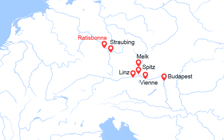 Carte itinéraire croisière Danube en croisière : Straubing, Linz, Vienne et Budapest