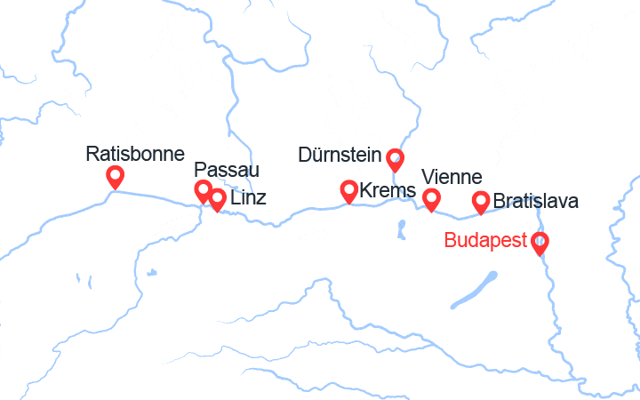 Carte itinéraire croisière Danube : Hongrie, Slovaquie, Autriche, Allemagne