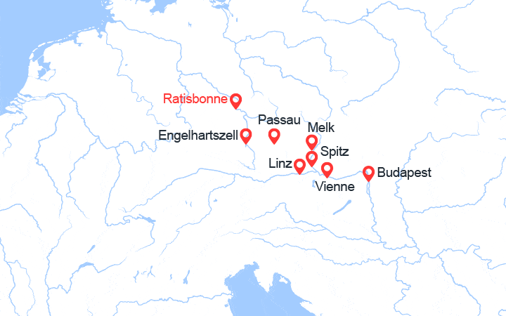 Carte itinéraire croisière Danube : Regensburg à Budapest