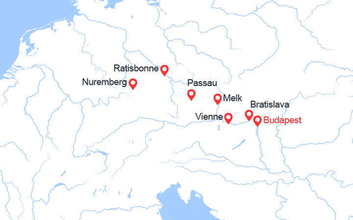 Carte itinéraire croisière Danube & Wachau : de Budapest à Nuremberg