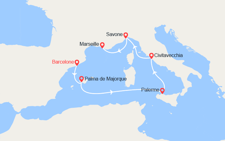 Carte itinéraire croisière De Barcelone à Marseille