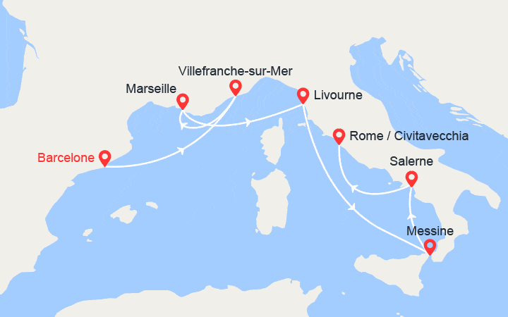 Carte itinéraire croisière De Barcelone à Rome
