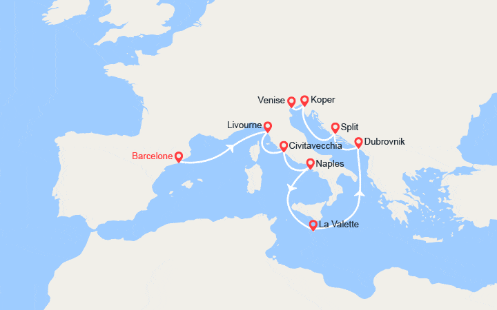 Carte itinéraire croisière De Bercelone à Venise : Toscane, Italie, Malte, Croatie, Sovénie