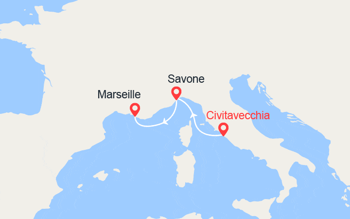 Carte itinéraire croisière De Civitavecchia à Marseille
