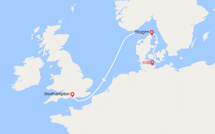 Carte itinéraire croisière De Kiel à Southampton