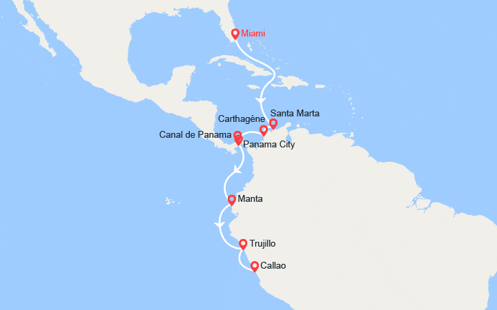 Carte itinéraire croisière De la Floride au Pérou : Colombie, canal de Panama, Equateur