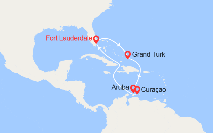 Carte itinéraire croisière De la Floride aux Caraïbes : Grand Turk, Aruba, Curaçao