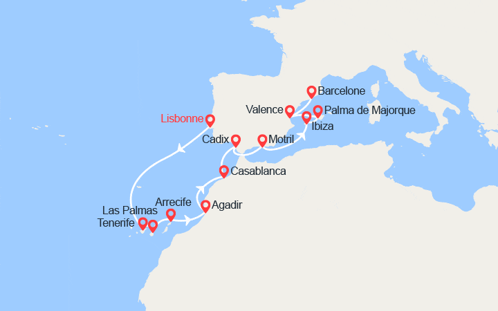 Carte itinéraire croisière De Lisbonne à Barcelone : îles Canaries, Maroc, îles Baléares