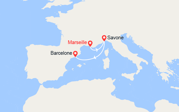 Carte itinéraire croisière De Marseille à Barcelone