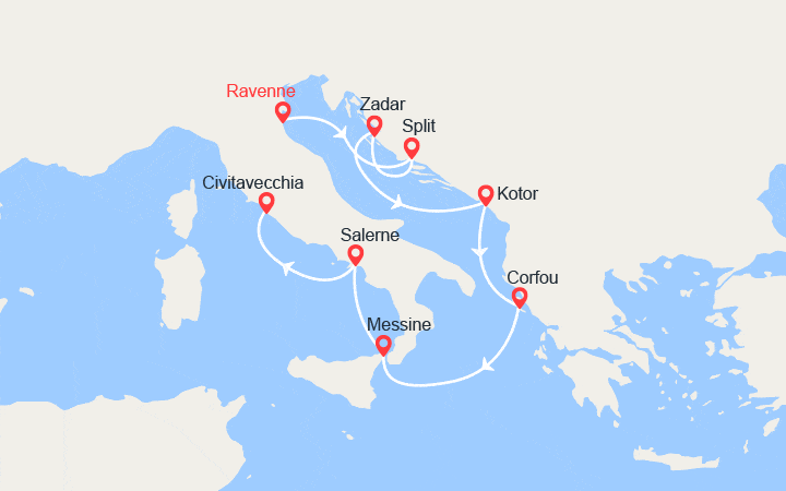 Carte itinéraire croisière De Ravenne à Civitavecchia : Croatie, Monténégro, Corfou, Sicile, Côte d'Amalfi