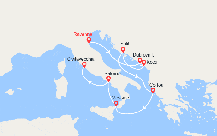 Carte itinéraire croisière De Ravenne à Civitavecchia : Monténégro, Croatie, Corfou, Sicile, Italie