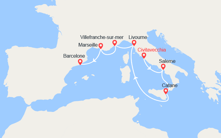 Carte itinéraire croisière De Rome à Barcelone : Sicile, Italie, Côte d'Azur, Provence
