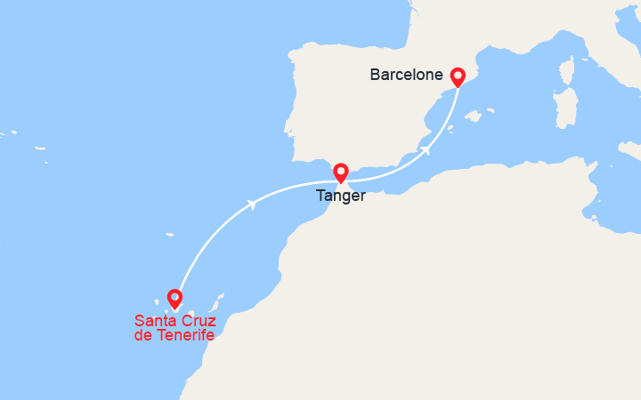Carte itinéraire croisière De Santa Cruz de Tenerife à Barcelone : Canaries, Gibraltar Espagne