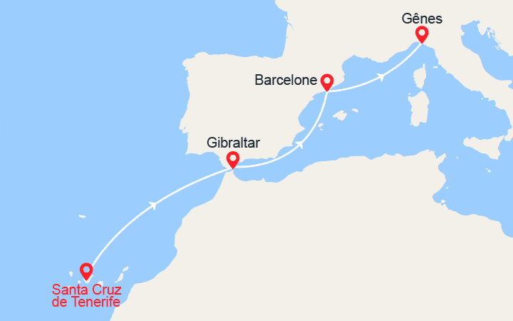 Carte itinéraire croisière De Santa Cruz de Tenerife à Gênes : Canaries, Gibraltar, Espagne, Italie