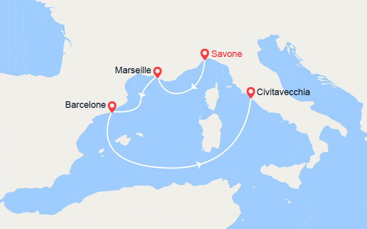 Carte itinéraire croisière De Savone à Civitavecchia