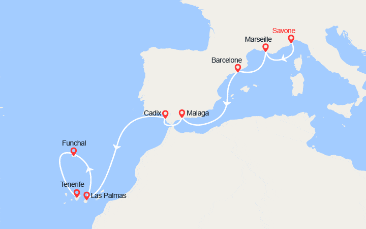 Carte itinéraire croisière De Savone aux Canaries