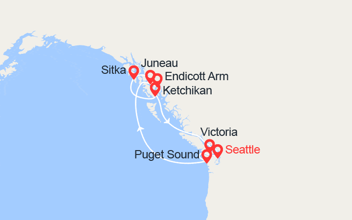 Carte itinéraire croisière Découverte Alaska : Puget Sound, Endicott Arm, Sitka, Ketchikan...