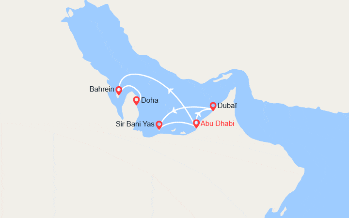 Carte itinéraire croisière Désert Fantastique : Sir Bani Yas Island, Abu Dhabi, Bahrein, Doha ..