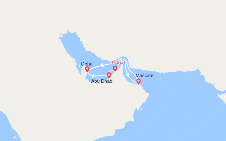 Carte itinéraire croisière Dubaï, Oman, Doha, Abu Dhabi