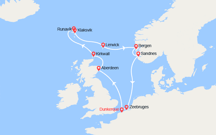 Carte itinéraire croisière Ecosse, îles Féroé et Norvège