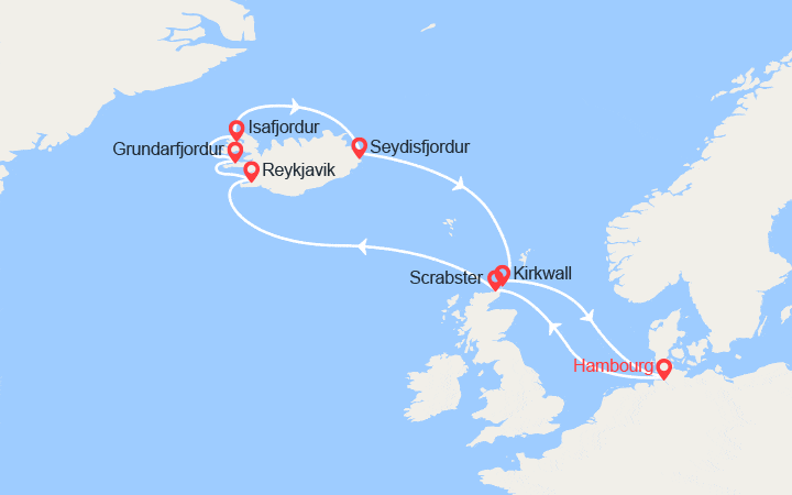 Carte itinéraire croisière Écosse, Islande