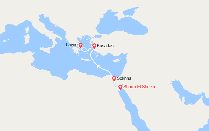 Carte itinéraire croisière Égypte, Turquie, îles Grecques