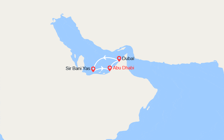 Carte itinéraire croisière Emblématique Golfe Persique : Abu Dhabi, Dubaï, Sir Bani Yas