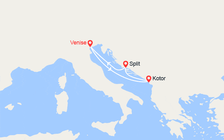 Carte itinéraire croisière Esapade en mer Adriatique : Monténégro, Croatie