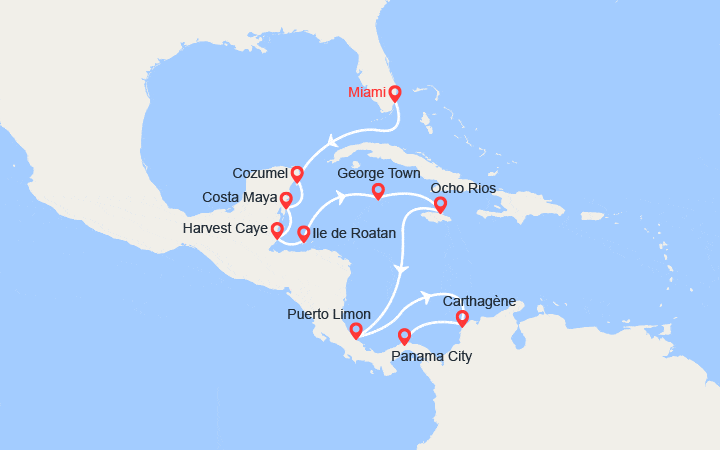 Carte itinéraire croisière Escales dans les Caraïbes et l’Amérique centrale : de Miami au canal de Panama