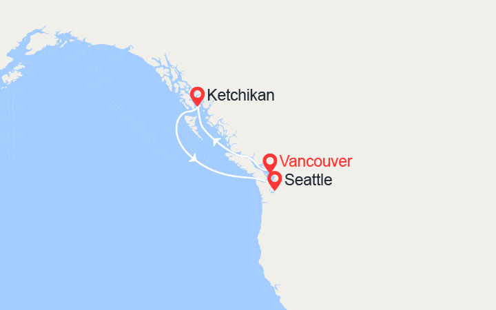 Carte itinéraire croisière Escapade en Alaska : Vancouver, Ketchikan, Seattle
