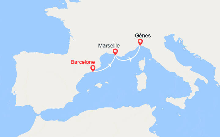 Carte itinéraire croisière Escapade en Méditerranée : de Barcelone à Gênes