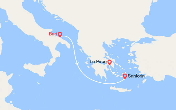 Carte itinéraire croisière Escapade en Méditerranée de Bari à Athènes