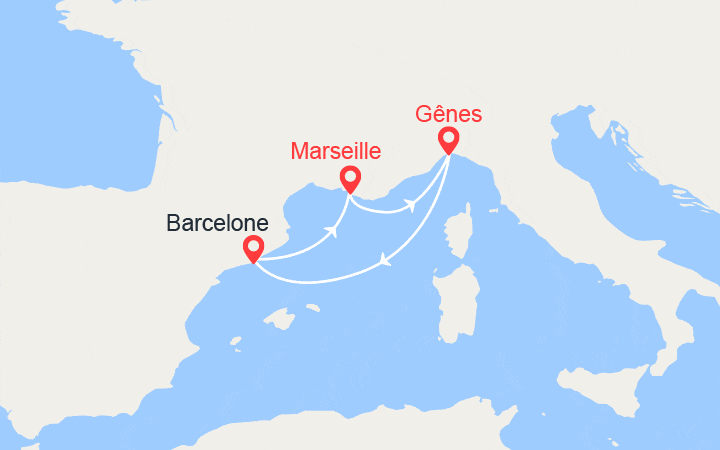 Carte itinéraire croisière Escapade en Méditerranée : Italie, Espagne