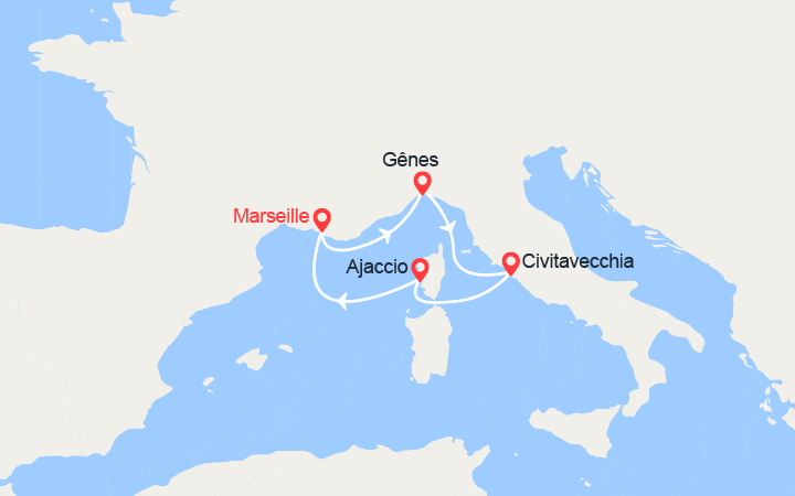 Carte itinéraire croisière Escapade en Méditerranée : Italie et Corse