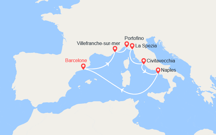 Carte itinéraire croisière Espagne, Côte d'Azur, Italie