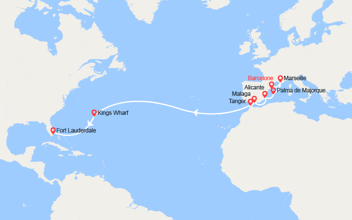 Carte itinéraire croisière Espagne, France, Maroc, Bermudes, États-Unis