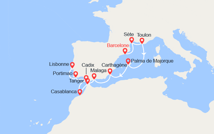 Carte itinéraire croisière Espagne, France, Maroc, Portugal