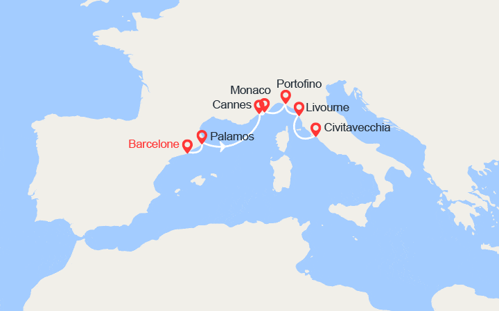 Carte itinéraire croisière Espagne, France, Monaco, Italie