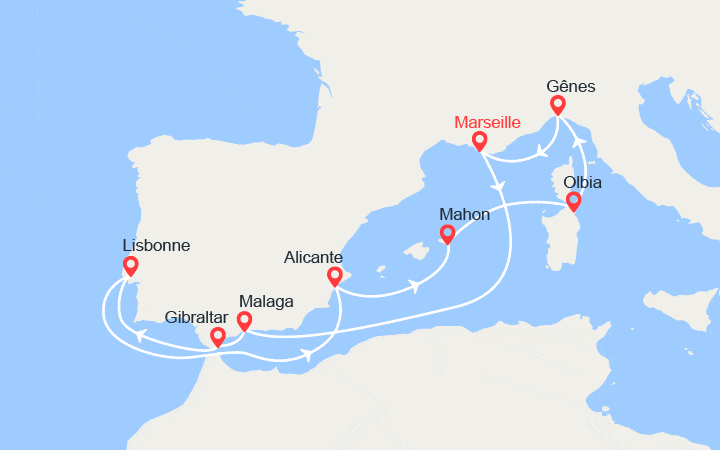 Carte itinéraire croisière Espagne, Gibraltar, Portugal, Minorque, Sardaigne, Italie