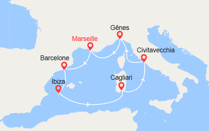 Carte itinéraire croisière Espagne, Ibiza, Italie