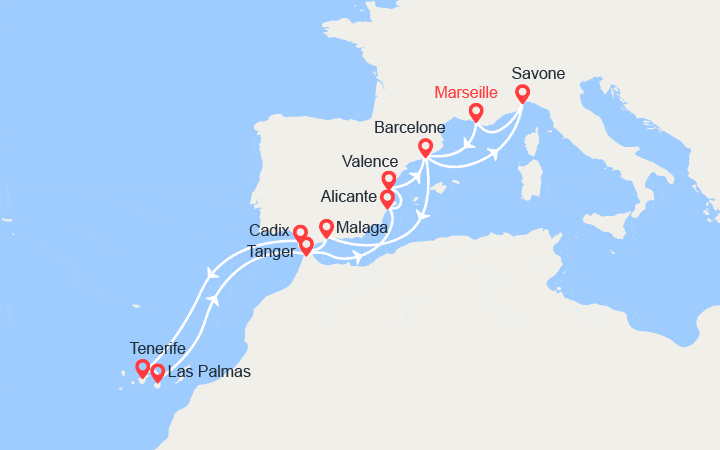 Carte itinéraire croisière Espagne, Iles Canaries, Maroc, Italie
