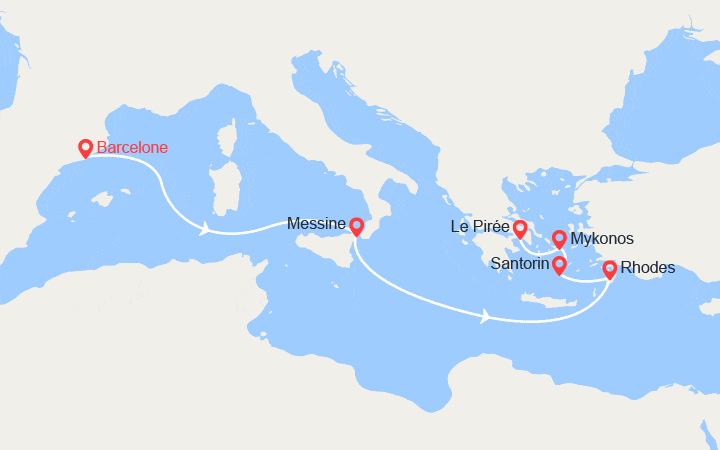 Carte itinéraire croisière Espagne, Italie et Grèce