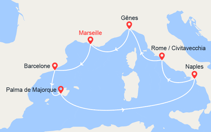 Carte itinéraire croisière Espagne, Majorque, Italie