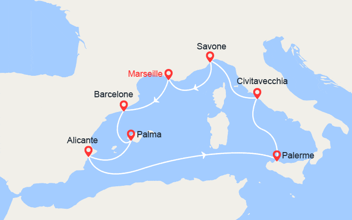 Carte itinéraire croisière Espagne, Majorque, Sicile, Italie