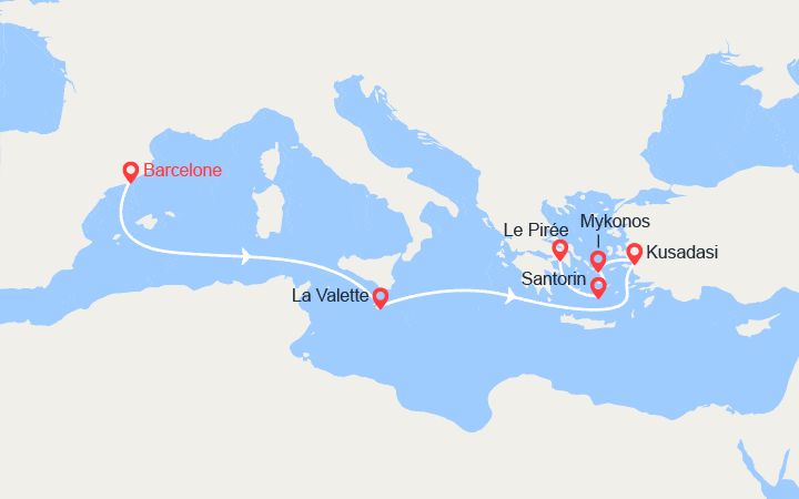 Carte itinéraire croisière Espagne, Malte, Turquie, Grèce